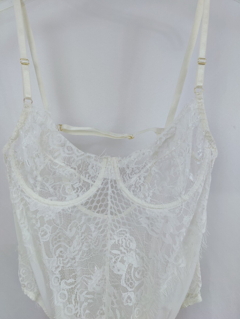 Off White Eyelash Lace Mesh U-Back Underwire Teddy Bodysuit, Sz S-M - Picture 5 of 9